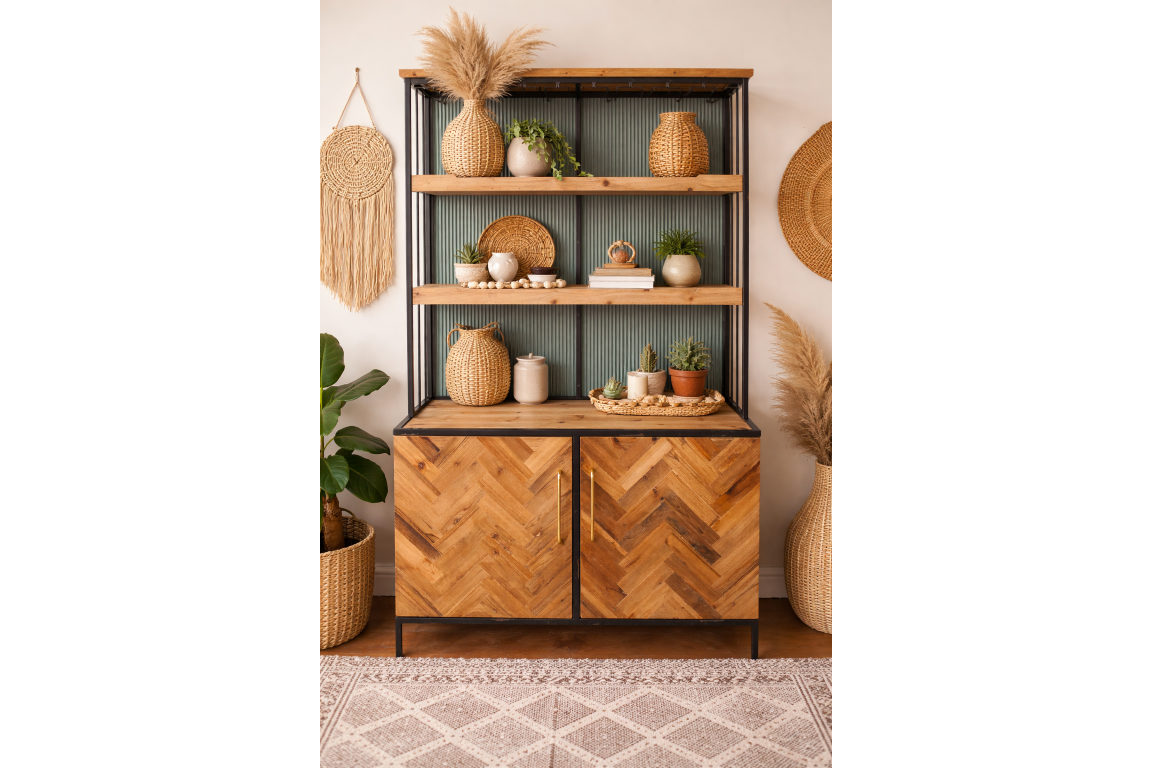 Wood and metal bar cabinet with two doors and two open shelves, styled with plants and woven decor, front view.
