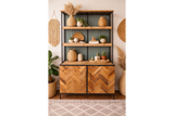 Wood and metal bar cabinet with two doors and two open shelves, styled with plants and woven decor, front view.