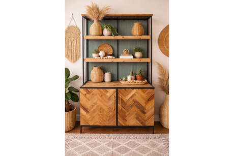 Wood and metal bar cabinet with two doors and two open shelves, styled with plants and woven decor, front view.