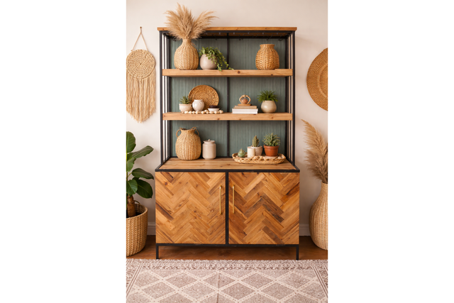 Wood and metal bar cabinet with two doors and two open shelves, styled with plants and woven decor, front view.