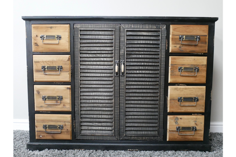 Shutter Sideboard with black frame, wooden shutter doors in center, and six natural wood drawers, front view.