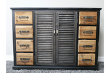 Shutter Sideboard with black frame, wooden shutter doors in center, and six natural wood drawers, front view.