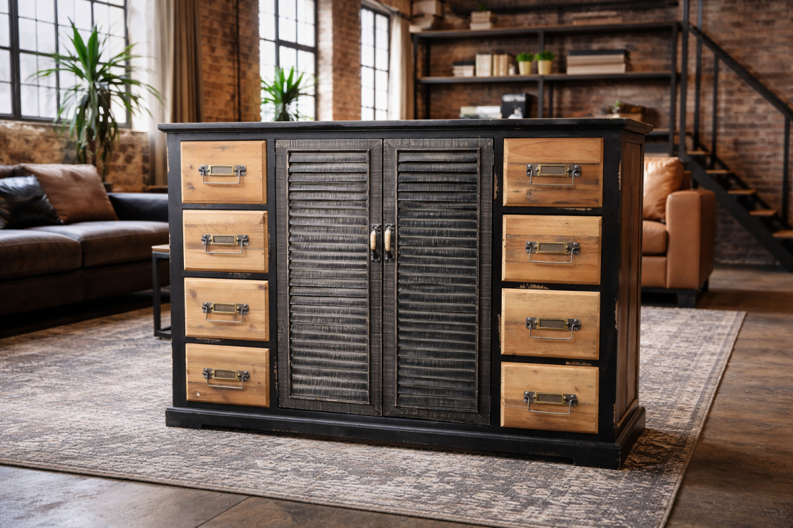 Black and natural wood shutter sideboard with eight drawers and double doors, shown from front in rustic living room.