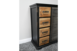 Black wooden sideboard with natural wood drawers and metal handles, shown from a front side angle on carpet.