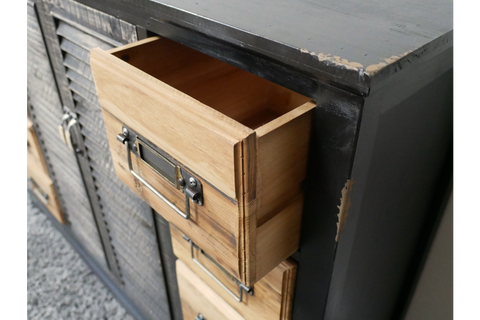 Shutter Sideboard with natural wood drawers and black painted frame, angled view showing open drawer and metal handles