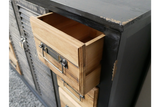 Shutter Sideboard with natural wood drawers and black painted frame, angled view showing open drawer and metal handles