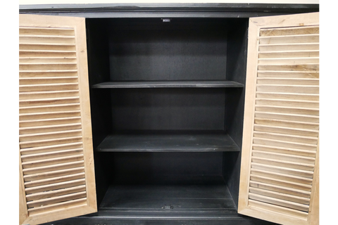 Wooden shutter door sideboard with black interior, two shelves, and open doors viewed from the front.