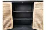Wooden shutter door sideboard with black interior, two shelves, and open doors viewed from the front.