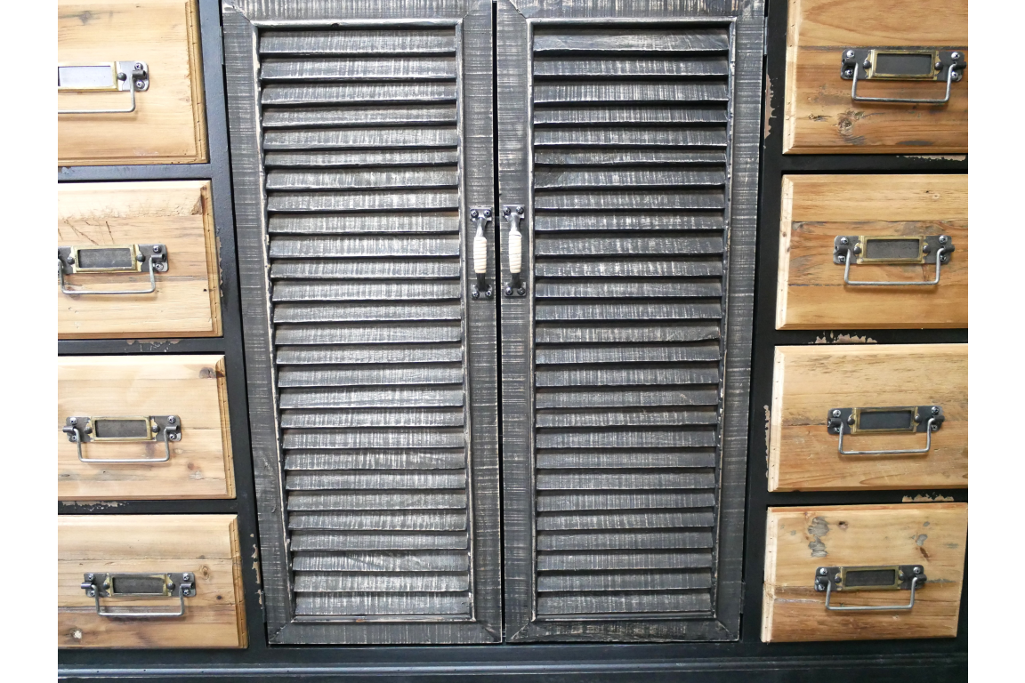 Shutter Sideboard with black shutter-style doors and natural wood drawers with metal handles, front view.
