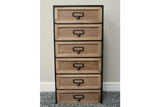 Tall industrial drawer cabinet with six wooden drawers framed by black metal, shown front view on gray carpet.