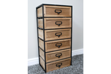Tall industrial drawer cabinet with six natural wood drawers and black metal frame, angled view on gray carpet.
