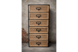 Industrial drawer cabinet with six wooden drawers and black metal frame, shown front view against a concrete wall.