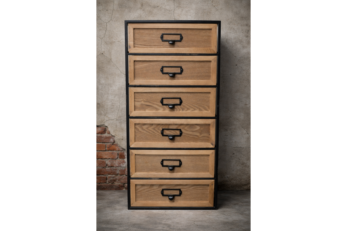 Industrial drawer cabinet with six wooden drawers and black metal frame, shown front view against a concrete wall.