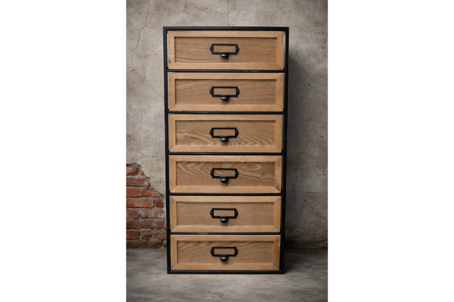 Industrial drawer cabinet with six wooden drawers and black metal frame, shown front view against a concrete wall.