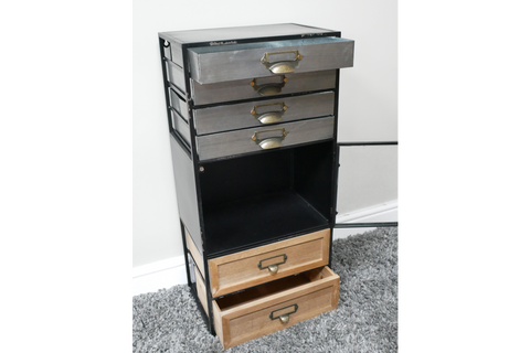 Industrial drawer cabinet with metal upper drawers and wooden lower drawers, viewed from front right angle on gray carpet.
