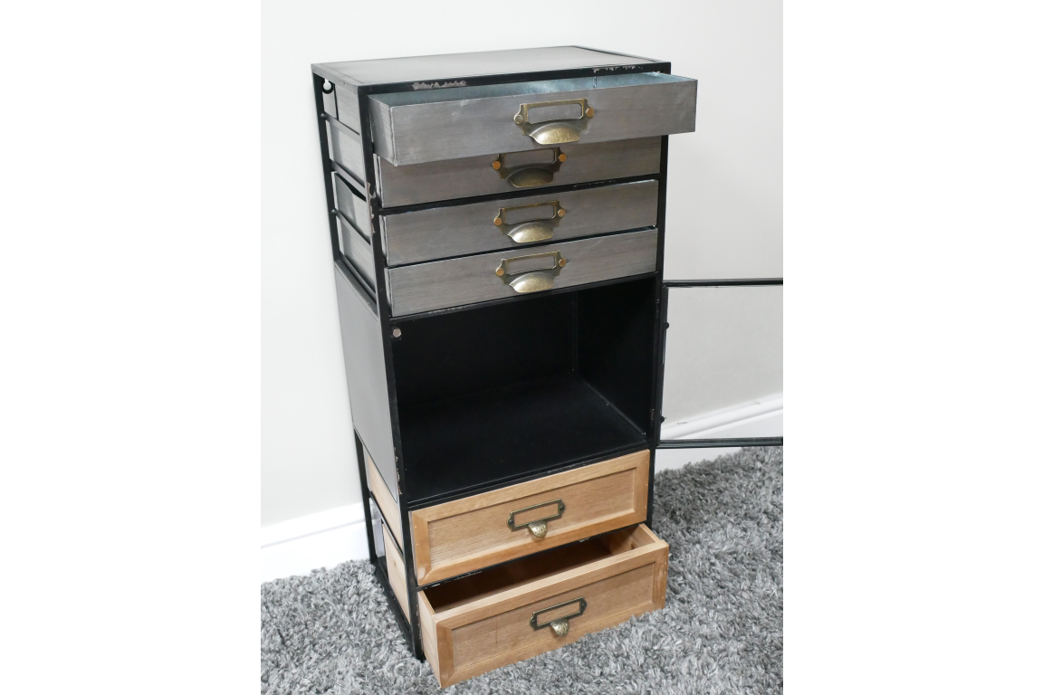 Industrial drawer cabinet with metal upper drawers and wooden lower drawers, viewed from front right angle on gray carpet.