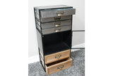 Industrial drawer cabinet with metal upper drawers and wooden lower drawers, viewed from front right angle on gray carpet.