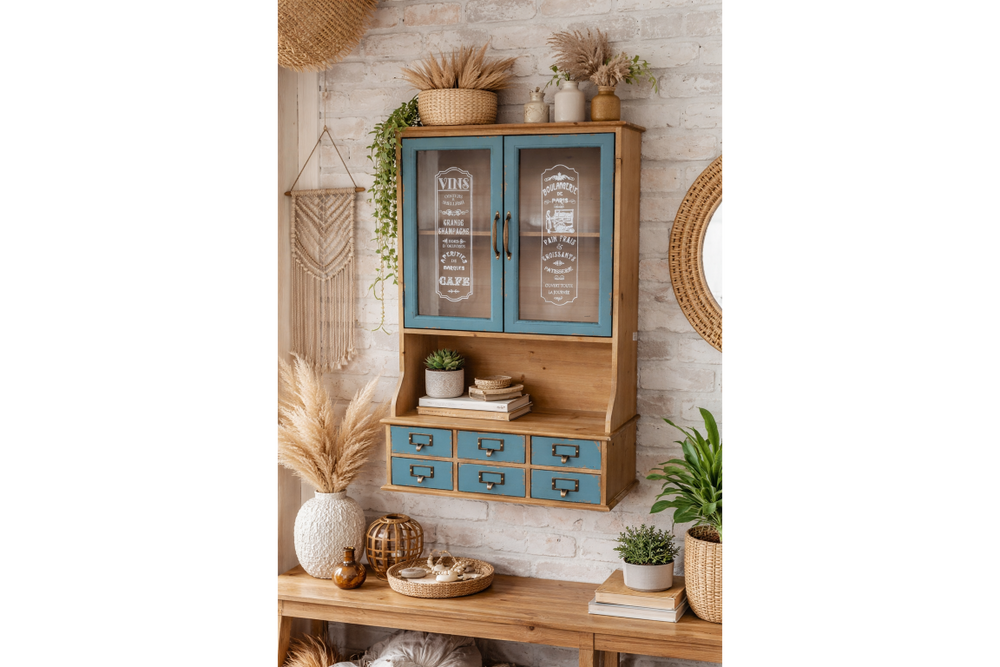 Wooden Parisienne wall unit with blue cabinet doors and drawers, glass panels with white text, staged with plants and decor.