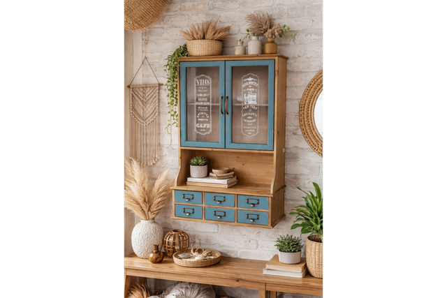 Wooden Parisienne wall unit with blue cabinet doors and drawers, glass panels with white text, staged with plants and decor.