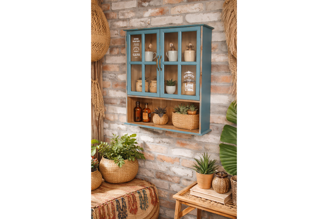 Wall-mounted wooden kitchen unit in distressed blue with glass paneled doors, displayed at an angle against a brick wall.