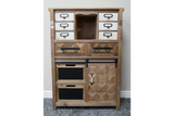 Rustic wooden cabinet with mixed drawers, blackboard panels, sliding door, and metal handles, front view on carpeted floor.