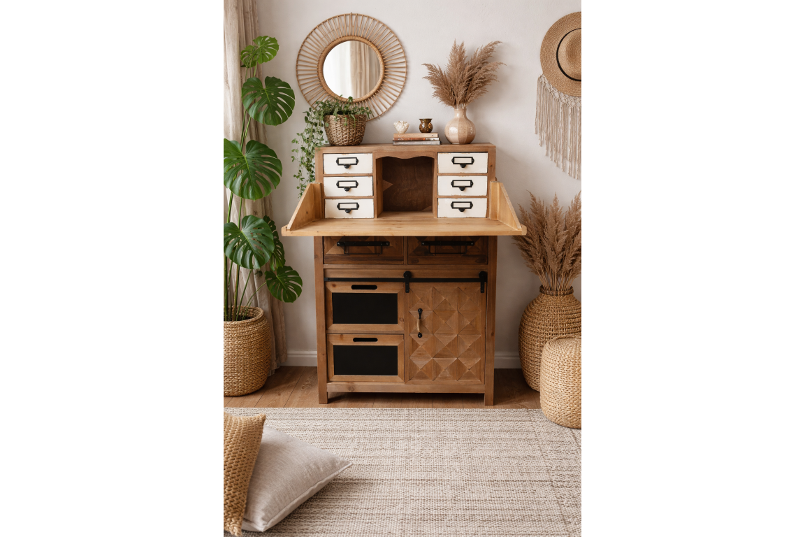 Rustic wooden cabinet with small white drawers, black metal handles, and a folding top panel in a boho room setting.