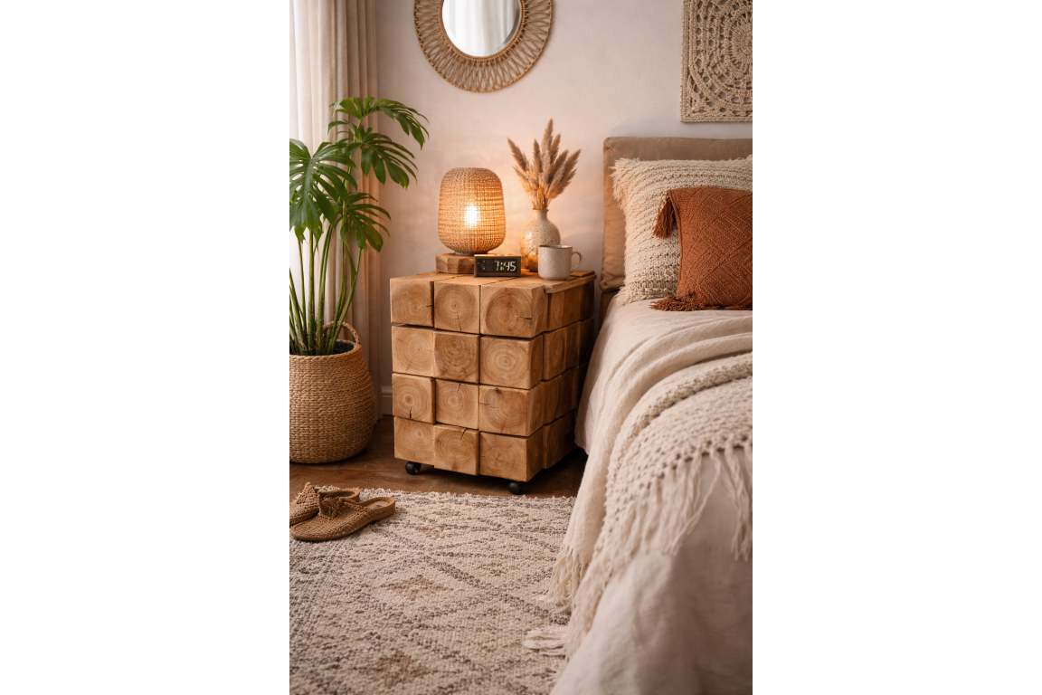 Chunky bedside cabinet made of natural wood blocks with visible rings, shown at a bedroom corner with decorative items on