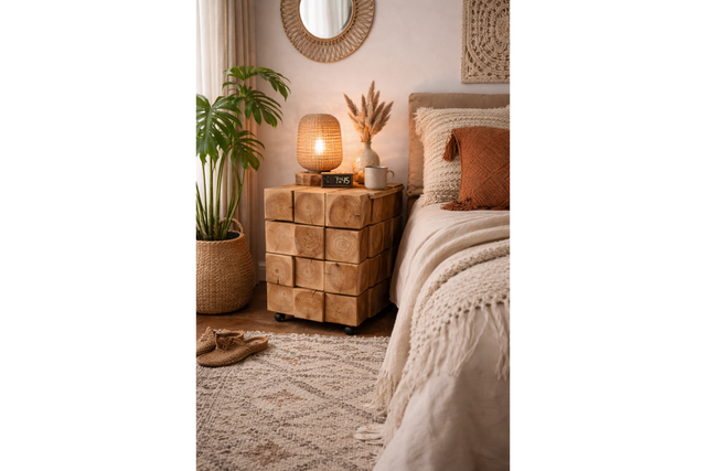 Chunky bedside cabinet made of natural wood blocks with visible rings, shown at a bedroom corner with decorative items on