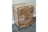 Chunky bedside cabinet made of light natural wood blocks with visible grain, metal frame, and caster wheels, shown at an