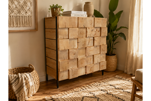 Chunky wooden cabinet with square block front, black metal legs, natural finish, shown in cozy room corner with plants.