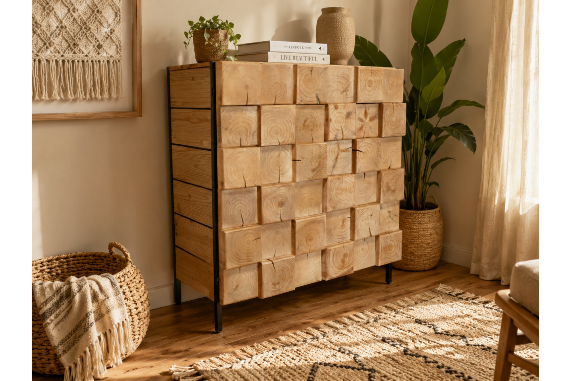 Chunky wooden cabinet with square block front, black metal legs, natural finish, shown in cozy room corner with plants.