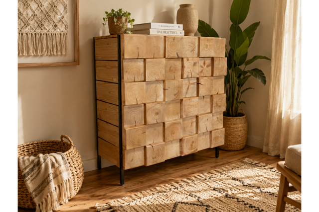 Chunky wooden cabinet with square block front, black metal legs, natural finish, shown in cozy room corner with plants.