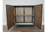 Chunky wooden cabinet with open double doors, black metal frame, one wooden shelf, shown from front angle on wood floor.