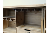Light brown wooden Shutter Bar Cabinet with open shelves and glass holders, shown from a front angle.