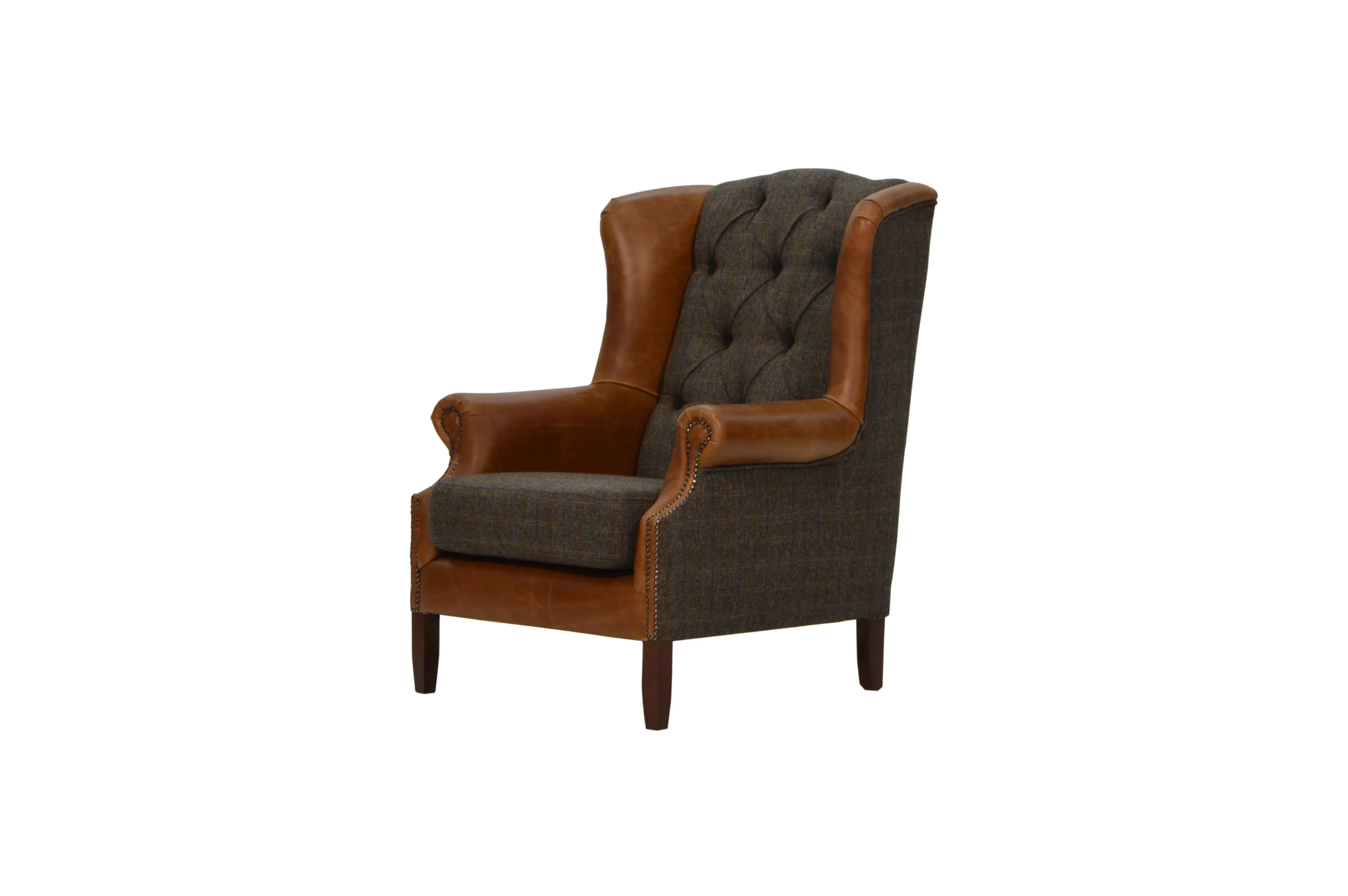 Brown leather and grey fabric wingback armchair with button-tufted backrest