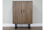 2 door slatted cabinet in natural wood finish with black metal legs, front view against plain wall background.