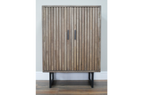 Two-door slatted wood cabinet in natural brown finish with black metal base, front view against white wall.