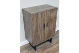 Wooden 2 door slatted cabinet in grey finish with black metal legs, shown at an angle on wood flooring.