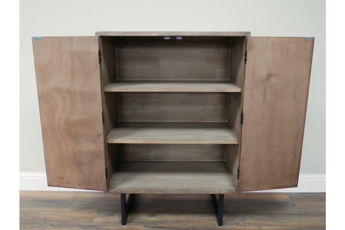 Light brown wooden 2 door cabinet with slatted texture, open doors, three interior shelves, black metal legs, front view.