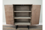 Light brown wooden 2 door cabinet with slatted texture, open doors, three interior shelves, black metal legs, front view.