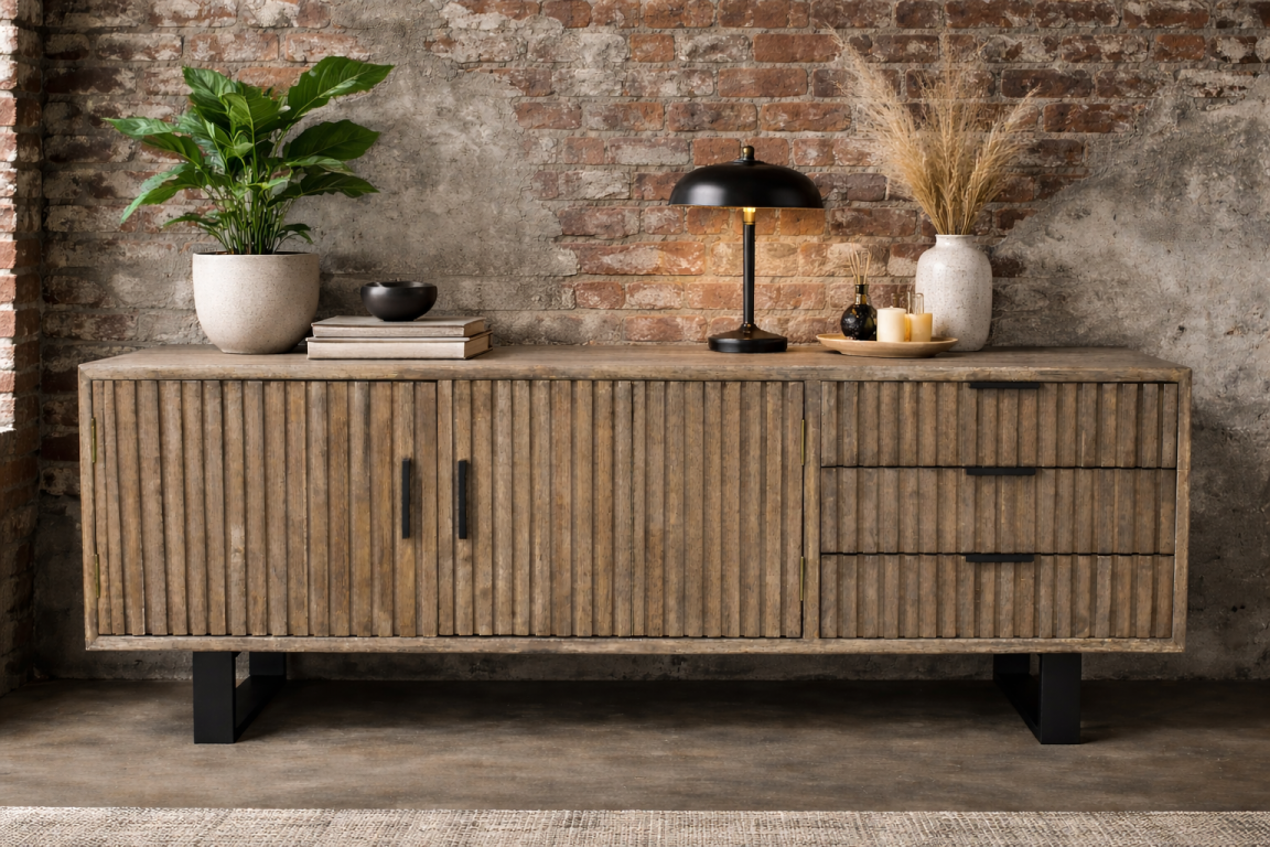 Low wooden slatted TV sideboard with black metal legs, three drawers, two-door cabinet, shown front view with decor.