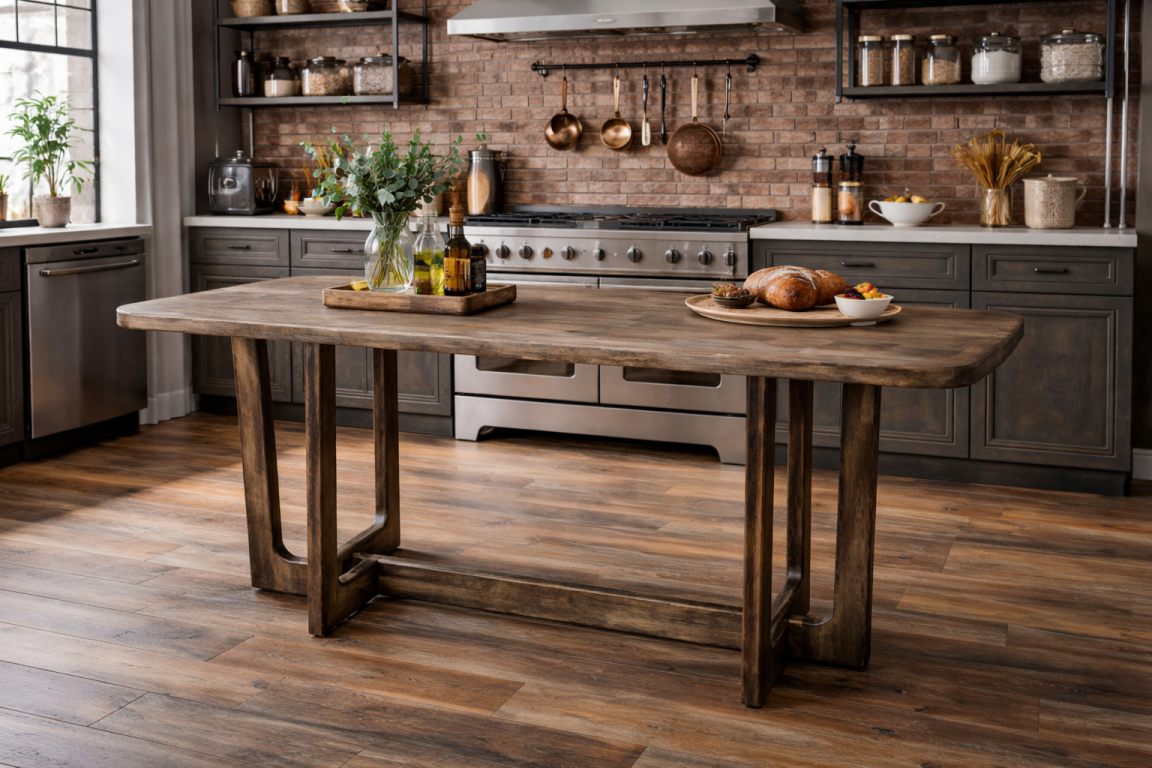 Rectangular wooden dining table with dark finish, thick top, sturdy geometric legs, shown in kitchen setting from side angle.