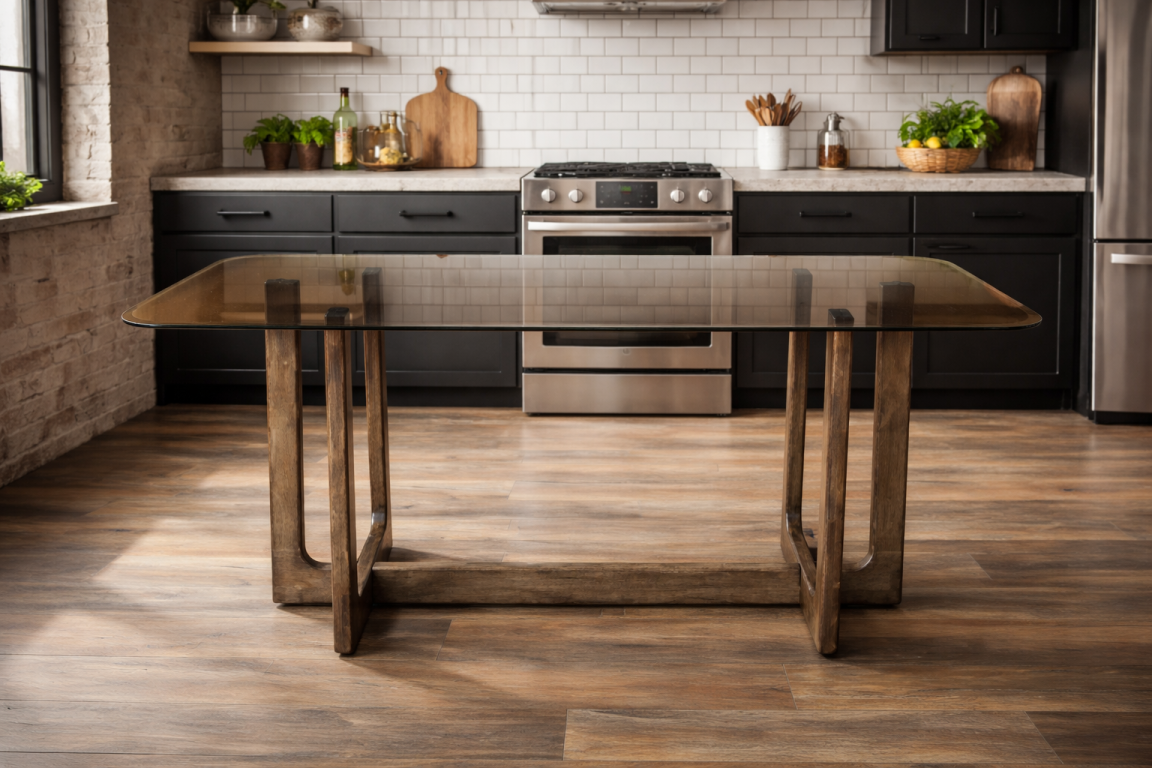Rectangular dining table with clear glass top and dark wooden legs, shown in modern kitchen setting from front angle.