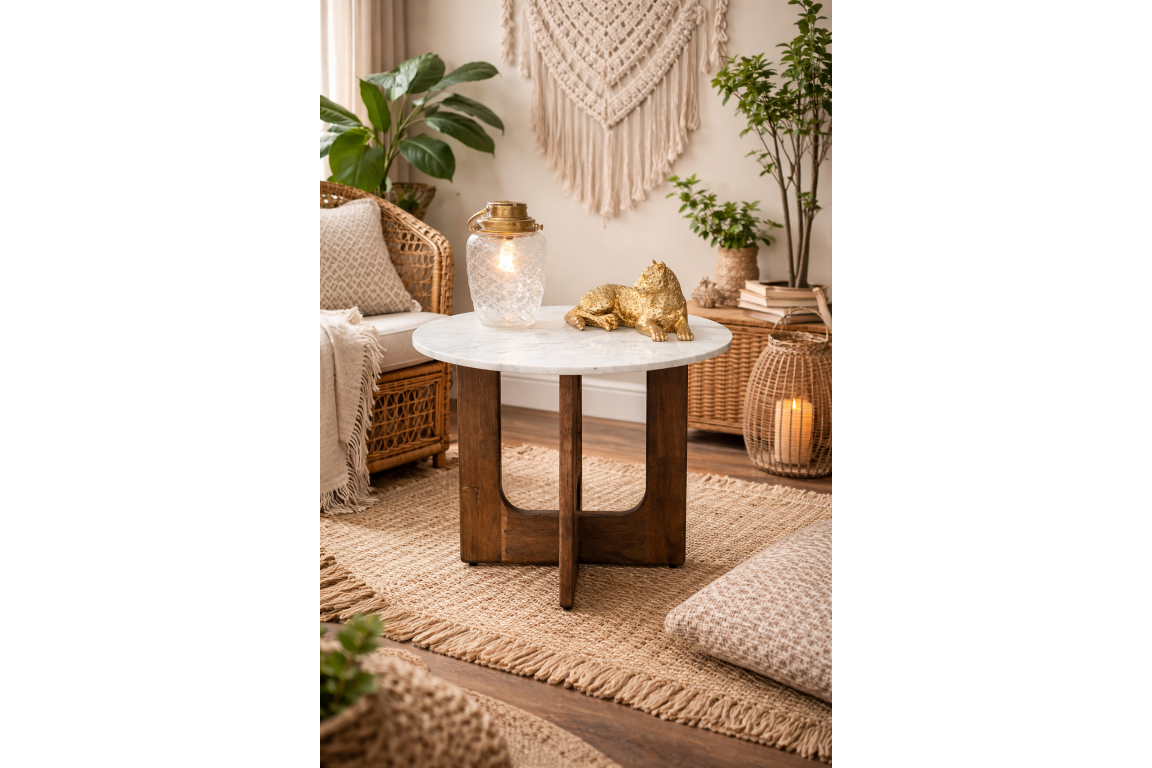 Round marble top side table with dark wooden base, shown in warm boho living room setting, front angle.