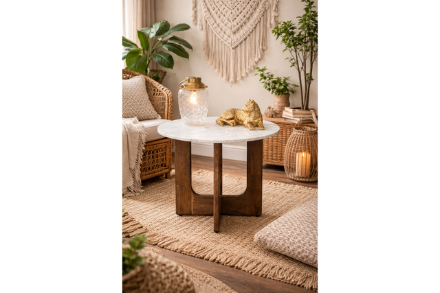 Round marble top side table with dark wooden base, shown in warm boho living room setting, front angle.