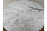 Round side table with white and gray marble top, angled close-up showing smooth texture and veining.