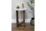 Small side table with round white marble top and dark wooden crossed legs, shown with lamp and decorative bird on top.