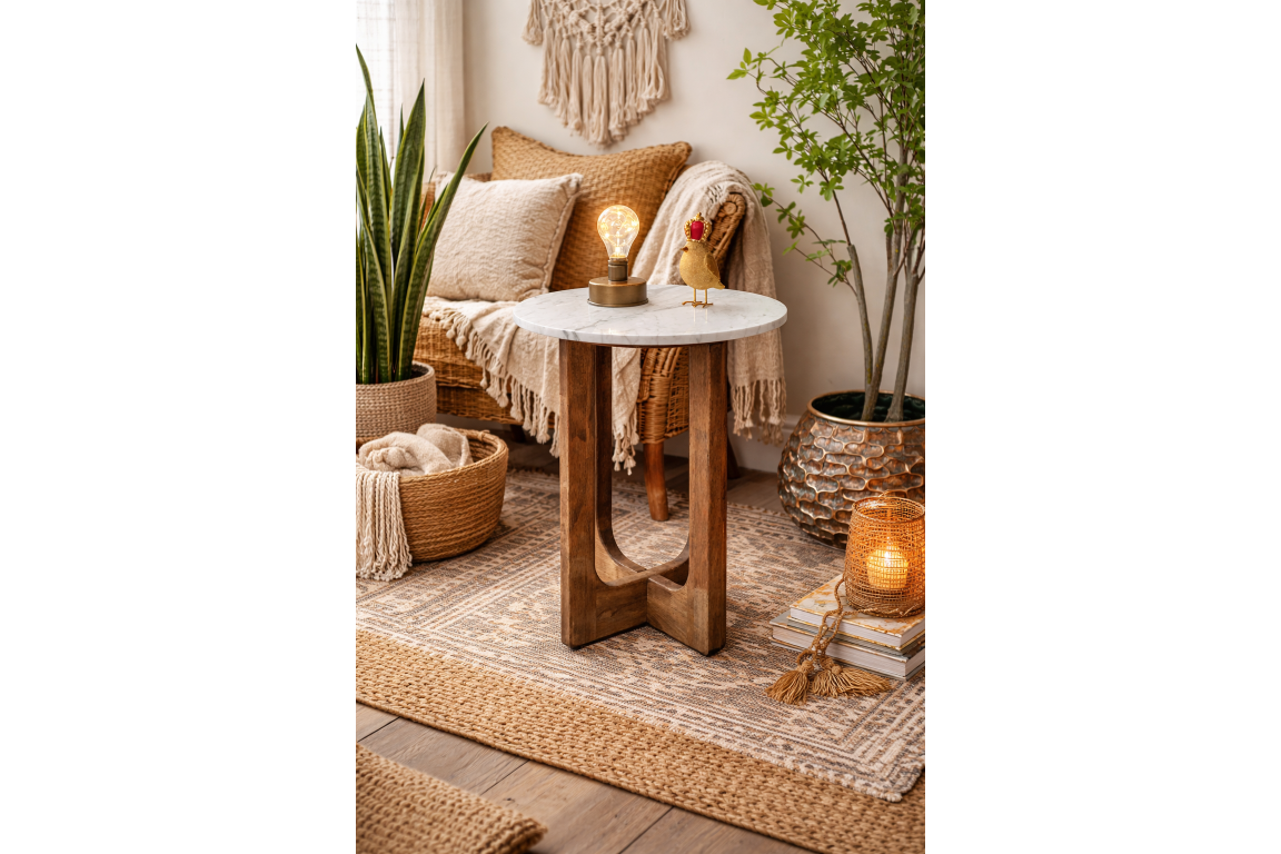 Small side table with round white marble top and dark wood U-shaped legs in cozy living room corner.