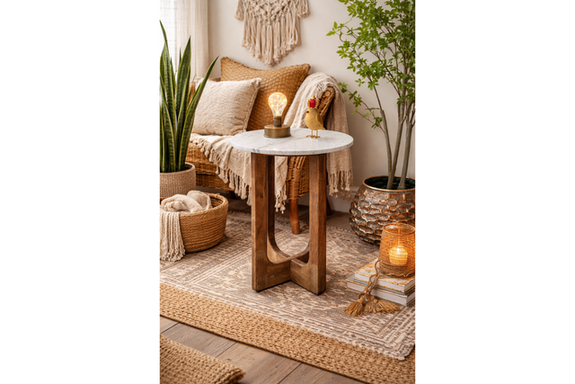 Small side table with round white marble top and dark wood U-shaped legs in cozy living room corner.