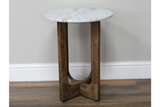 Small round side table with white marble top and dark brown wooden legs, shown from front angle on wood floor.